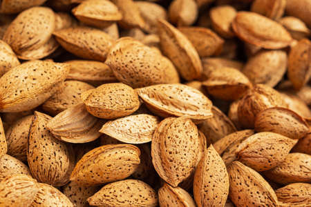 Background of unpeeled almonds in the shell. Full frame top view of the scattered nuts. Beautiful...