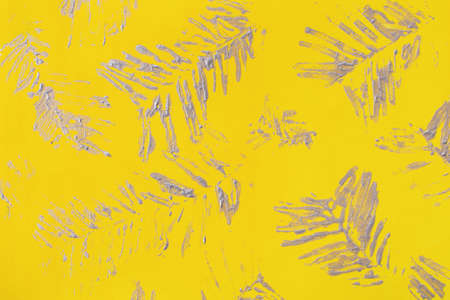 Abstract silver-yellow acrylic pattern. Botanical print of a blade of grass in silver paint. The...
