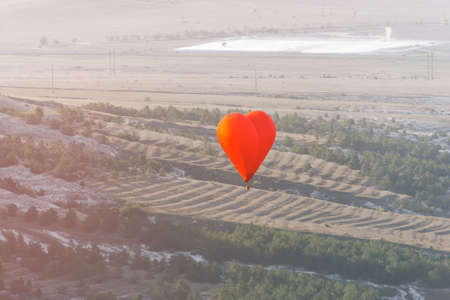 Flying a balloon in the shape of a heart. Aeronautics under the clouds. A declaration of love, romance, freedom. The concept of happiness, pure feelings. One ball above the ground. Copy spaceの写真素材