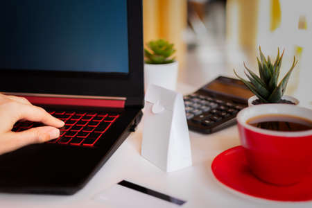 Online shopping concept. A young woman with a credit card in her hands at a table orders goods from...