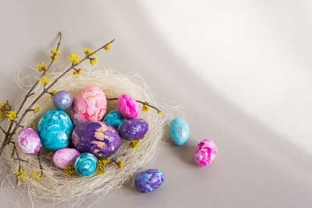 Easter painted eggs still life aesthetics. Festive Easter composition. Flat lay of the nest, blue, pink, purple eggs, flowering branches on a gray background. Happy Easter, greeting card. Copy spaceの写真素材