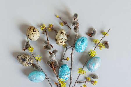 Easter painted and quail eggs aesthetics still life. Festive Easter composition. A flat layout of blue eggs, flowering dogwood and willow branches on a gray background. Happy Easter, greeting cardの写真素材