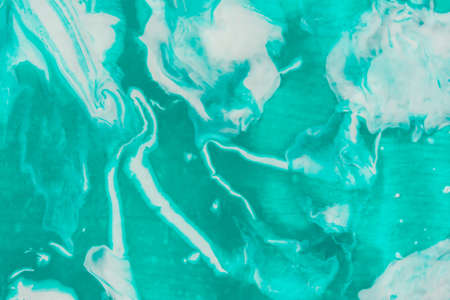 White and turquoise abstract art background. Acrylic painting, fluid art technique. Modern neon...