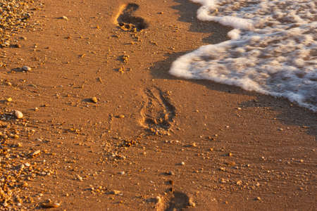 Footprints of the golden sand beach. Small waves roll up on the shore and wash away the tracks. The...