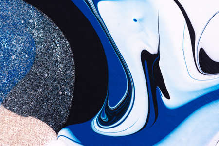 Blue white black acrylic abstract creative trend background. Fluid artistic texture. Dynamic lines,...