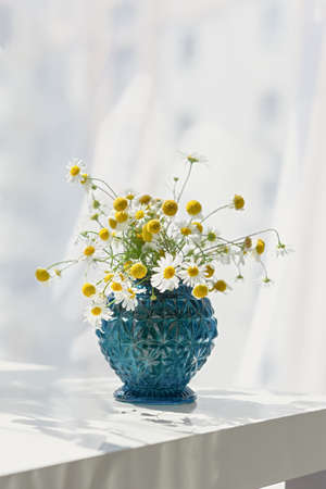 Daisies vase blue on a white table. Beautiful bright summer still life with wild flowers. A gift for a birthday, anniversary, mother. Bright sunlight with beautiful shadows. Vertical postcard designの写真素材