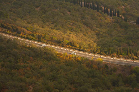 Road autumn forest aerial. Beautiful view of the colorful orange-brown forest in the sunset warm light. A winding road along a mountain serpentine with cars. The concept of travel, commuter tripsの写真素材