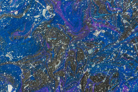 Abstract space blue purple silver black background. Acrylic painting fluid art. Night waves of the ocean. Conceptual art drawing. Fashionable background for design. Modern art, original drawingの写真素材