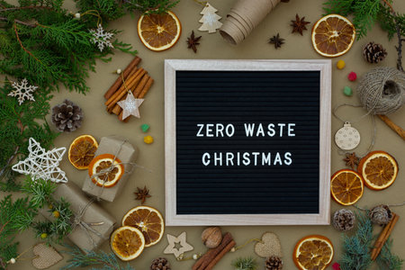 Zero waste Christmas concept. Natural materials wood, paper, fir branches, cones, nuts, dried citrus fruits, cinnamon. Frame with an inscription. Eco-greeting card, muted natural shades. New Year 2022の写真素材