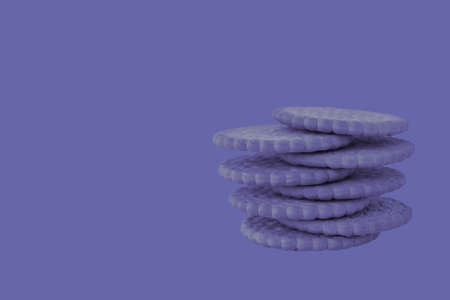 Cookies are isolated. Tinting the background in the color of 2022 blue-purple Very Peri. Banner copy space. Layout for the conceptual design of the color presentation. Creativity of food concept.の写真素材