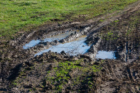 Mud puddle road spring. A rural road in a green field. Spring snow melting, the first greenery. The...
