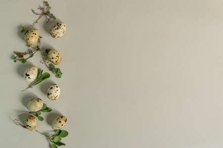 Easter eggs aesthetics of still life. Festive Easter composition in neutral tones. Stylish flat...