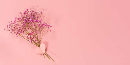 Flower composition pink flowers. A delicate bouquet of pink flowers on a pink pastel background. The...