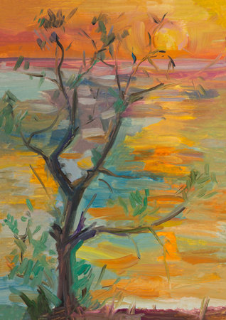 Orange sunset sea painting. A study of a tree against the background of the sea in oil in the warm sunset light. The concept of creativity inspiration pleinair painting. Quick hand drawing from natureの写真素材