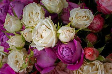 Pink purple white roses background. Top view of a large beautiful bouquet in different poses. The...