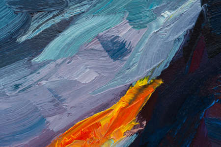 Orange red blue abstract painting. Beautiful brush strokes close-up. Textured abstract sunset background. Oil painting fragment. Expression, life movement. Conceptual art. Original artistic backgroundの写真素材