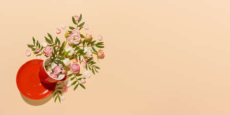 flower composition cup. Heads of delicate roses on a light pastel beige background. horizontal banner. Mock up for Birthday, Wedding, Mother's Day, International Women's Day. Spring flower backgroundの写真素材