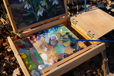 Artist's palette sketchbook brush oil paints. Colorful multicolored background top view. A professional artist paints flowers from nature. The concept of creativity, inspiration, hobby. Oil paintingの写真素材