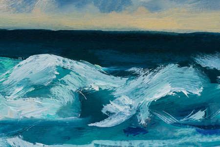 Blue background oil paint. eautiful brushstrokes close-up. Textured abstract sea background. Oil painting on cardboard and canvas. Conceptual abstract sky, water, sunset. Layout for postcard designの写真素材