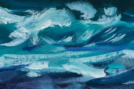 Blue background oil paint. eautiful brushstrokes close-up. Textured abstract sea background. Oil painting on cardboard and canvas. Conceptual abstract sky, water, sunset. Layout for postcard designの写真素材