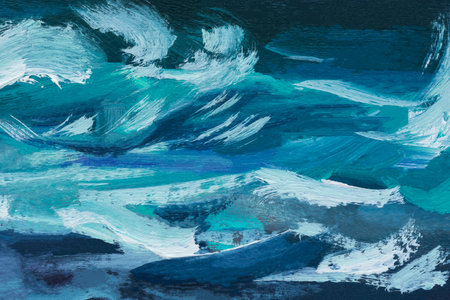 Blue background oil paint. eautiful brushstrokes close-up. Textured abstract sea background. Oil painting on cardboard and canvas. Conceptual abstract sky, water, sunset. Layout for postcard designの写真素材