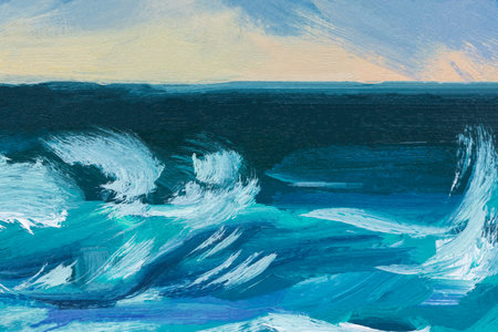 Blue background oil paint. eautiful brushstrokes close-up. Textured abstract sea background. Oil painting on cardboard and canvas. Conceptual abstract sky, water, sunset. Layout for postcard designの写真素材