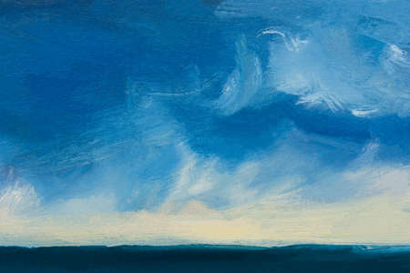 Blue background oil paint. eautiful brushstrokes close-up. Textured abstract sea background. Oil painting on cardboard and canvas. Conceptual abstract sky, water, sunset. Layout for postcard designの写真素材