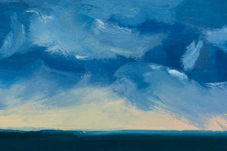 Blue background oil paint. eautiful brushstrokes close-up. Textured abstract sea background. Oil painting on cardboard and canvas. Conceptual abstract sky, water, sunset. Layout for postcard designの写真素材