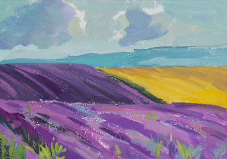 Lavender field gouache painting. Beautiful illustration of a purple field. summer landscape clouds. Provence style. Handmade author's work for the design of notebooks, notebooks, calendars. modern artの写真素材