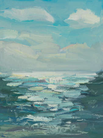 Abstract blue sea background with oil paint. summer art background. Natural light blue wave texture. Impressionist painting. vertical seascape. The concept of summer vacation. contemporary artの写真素材