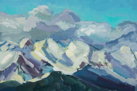 Mountains snow oil painting. Colorful winter landscape with oil paints. Author's hand illustration. contemporary art. Mockup horizontal design of graphic covers of postcards notepads notebooks.の写真素材