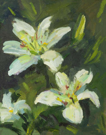 Lilies oil painting. Beautiful white lilies are blooming in the garden. Original oil painting on canvas. Illustration of flowers from nature. textured paint strokes. natural layout of postcard designの写真素材