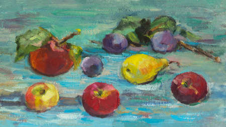 fruit oil painting. Apples pear plums on a blue wooden background. Impressionism in painting. The original oil painting. textured paint strokes. Natural layout design of postcards, packagingの写真素材
