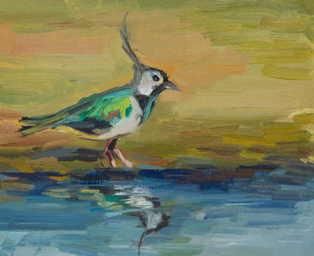 Wagtail bird oil painting. illustration of wildlife. Beautiful original painting. The layout of the design of postcards and notebooks. A stylized bird walks along the water. Handmade, contemporary artの写真素材