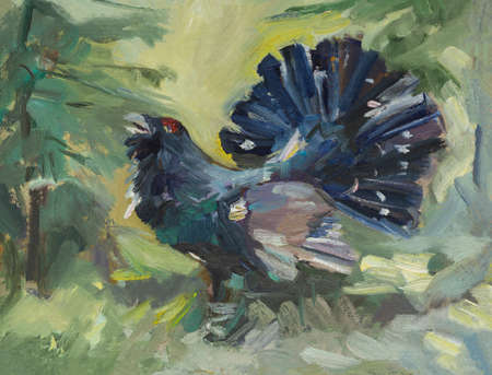 Capercaillie bird oil painting. wildlife illustration. Beautiful original painting. The layout of the design of postcards and notebooks. A stylized bird sings in the forest. Handmade, contemporary artの写真素材