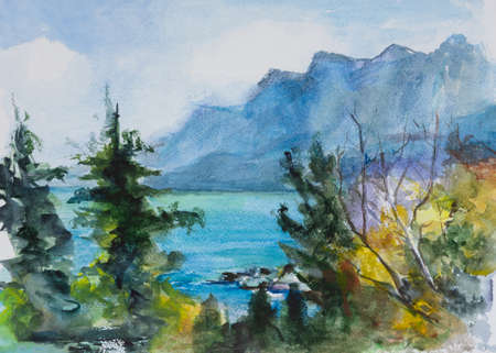 Sea mountains watercolor. Summer colorful landscape. View of the turquoise sea, trees, blue mountains. original watercolor painting. summer beach. The concept of tourism, recreation, travelの写真素材