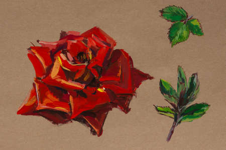 rose red painting. Gouache drawing on craft paper. Illustration of a flower and leaves. Vintage set handmade by the author. Creative illustration contemporary art. Design of packaging albums notebooksの写真素材