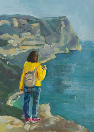 Traveler woman mountain view. Gouache illustration on paper. The concept of travel, hiking, active lifestyle. contemporary art. A happy dark-haired girl enjoys a beautiful landscape. Alone with natureの写真素材