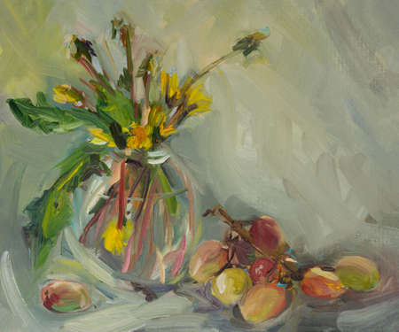 Still life flowers grapes painting. A bouquet of yellow dandelions in a vase. Summer still life oil painting. The original painting. Handmade, modern art for design. neutral shades, ripe grapesの写真素材