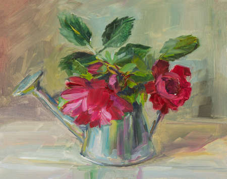Roses in a vase painting. Summer bouquet of fragrant raspberry roses with oil paints. Original author's painting, illustration for the design of the covers of notebooks sketchbooks albums creativityの写真素材