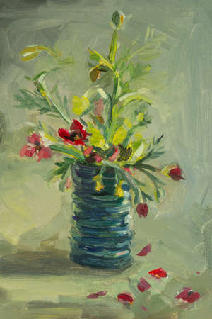 Flowers vase oil painting. A red-brown floral sketch, a quick sketch from nature. Oil sketch on cardboard. The concept of a sunny summer, congratulations, educational still life. art day postcardの写真素材