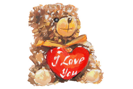 Teddy bear painting isolate. Brown funny bear with a heart with the inscription I love you. Children's toys on a white background. The concept of love, romance, Valentine's Day. gouache illustrationの写真素材