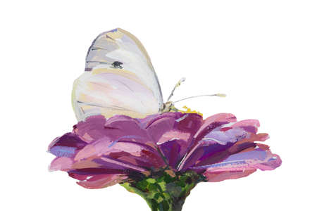 White butterfly pink gouache flower isolated. A butterfly sits on a Zinnia flower. Elements of cutting out an author's art postcard for design on a white background. Painted bright spring illustrationの写真素材