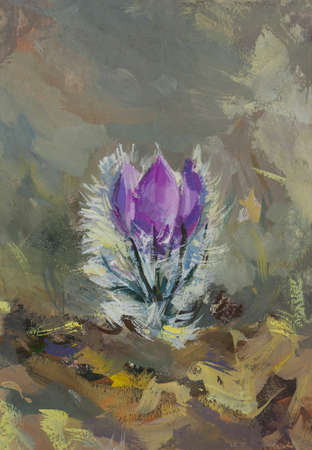 ream-grass gouache painting. Spring purple fluffy flower illustration with paints. vertical postcard. Mockup for design. The author's original painting. Modern painting pastel shades. spring conceptの写真素材