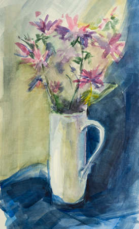 Bouquet of flowers watercolor vase. Delicate pink wildflowers in a white circle on a blue drapery. Author's illustration. Summer. Creation. Artistic drawing and watercolors. Layout for product designの写真素材