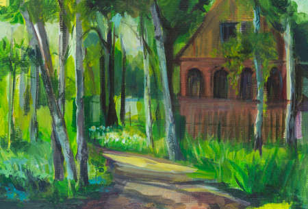 Green spring landscape of birch. Spring park with acrylic on cardboard. A forester's house on the edge of the forest. A bright green park in the sunlight. The concept of warmth, summer and hikingの写真素材