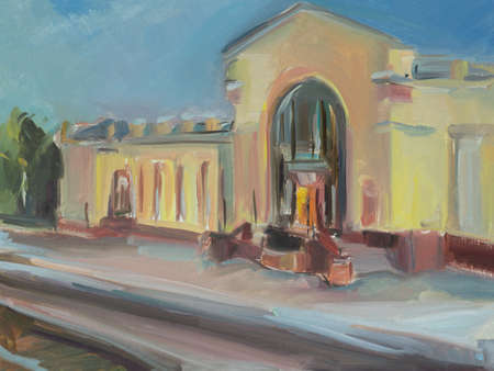 architecture oil painting. A quick sketch at the train station. The building of the railway station in Voronezh. View of the platform facade of the building. Modern painting, illustration of the cityの写真素材