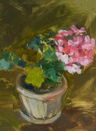 Geranium oil painting. Pink delicate indoor flowers painted in oil on canvas. The original painting. Modern Impressionism. The art of oil painting. Author's work, creativity. Still life with flowersの写真素材