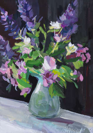 Flowers vase gouache. Easter spring bouquet of wildflowers. Beautiful purple gouache flowers on paper. Vertical postcard, handmade, modern gouache painting. Author's sketch for the design of notebooksの写真素材