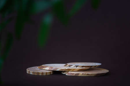 Wooden podium pedestal. Brown background dark green leaves. Product display concept. Mockup for cosmetic products, eco-goods and production. Marketing is natural. Minimalism with wooden sections.の写真素材